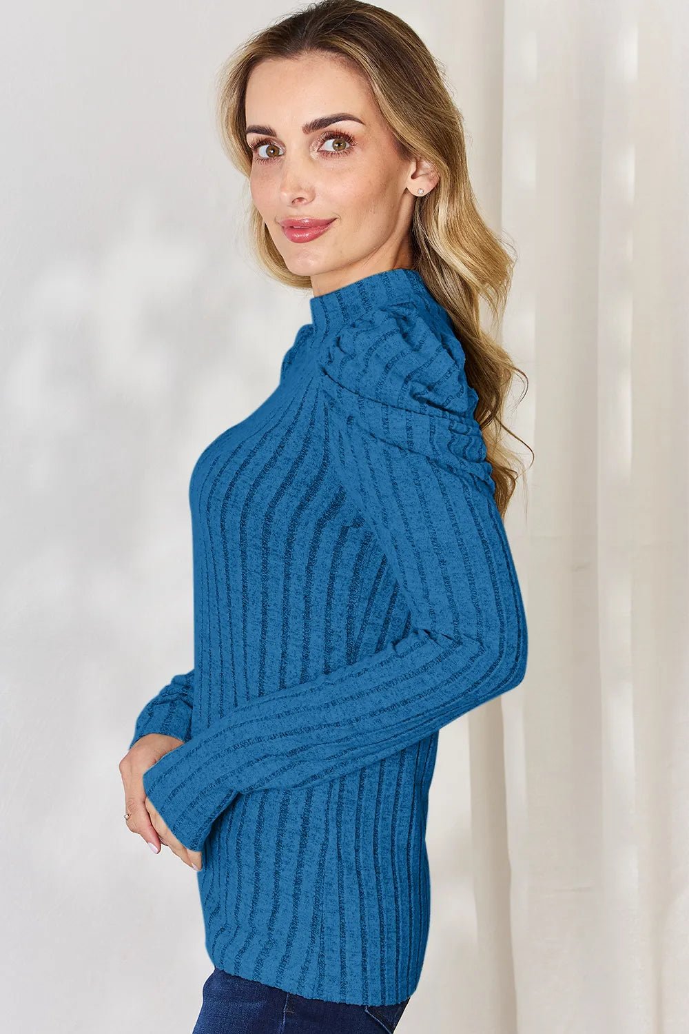 Basic Bae Full Size Ribbed Mock Neck Puff Sleeve T-Shirt - PBNJ FASHIONS