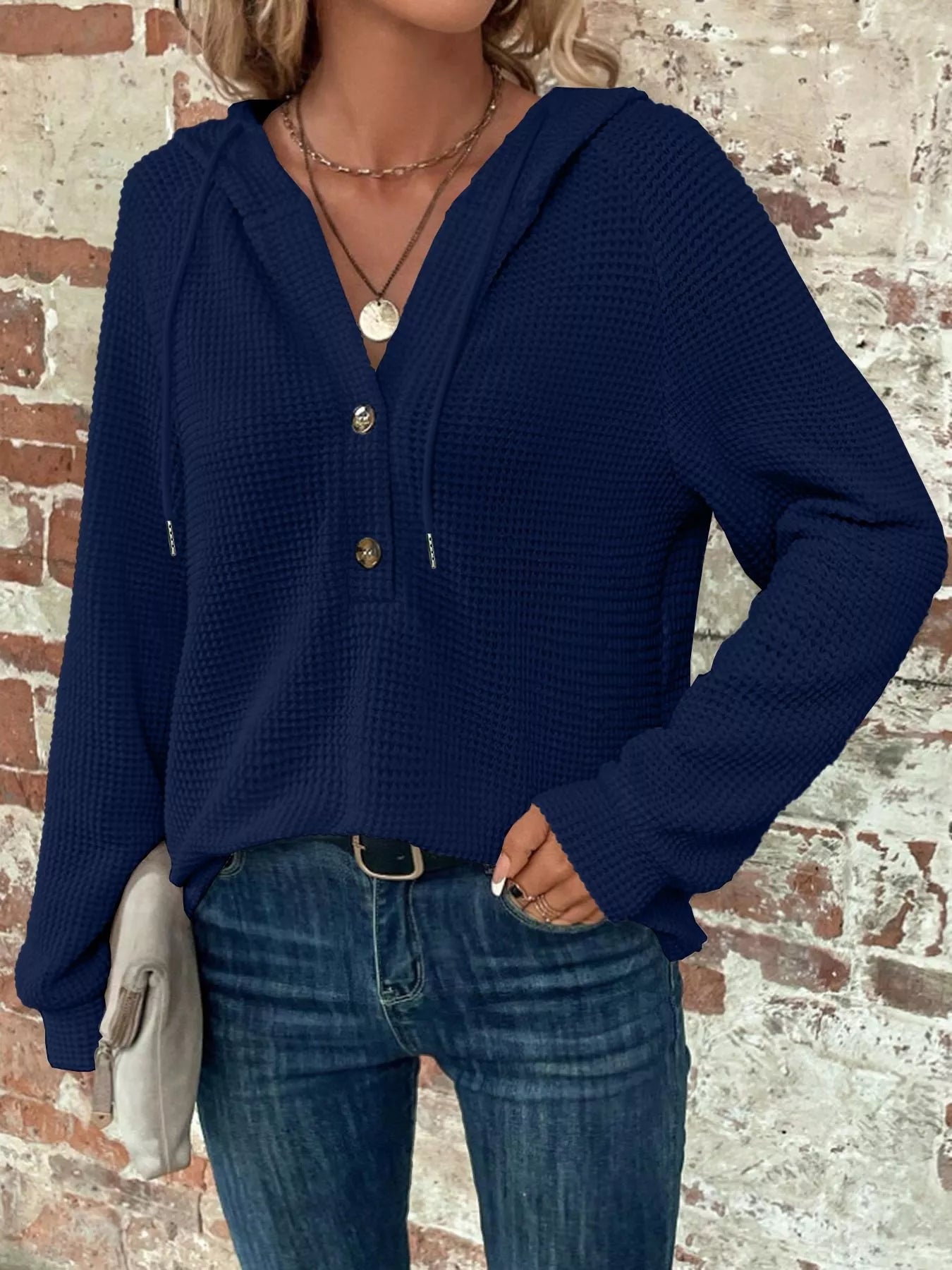 Waffle Knit Button Detail Hoodie - PBNJ FASHIONS