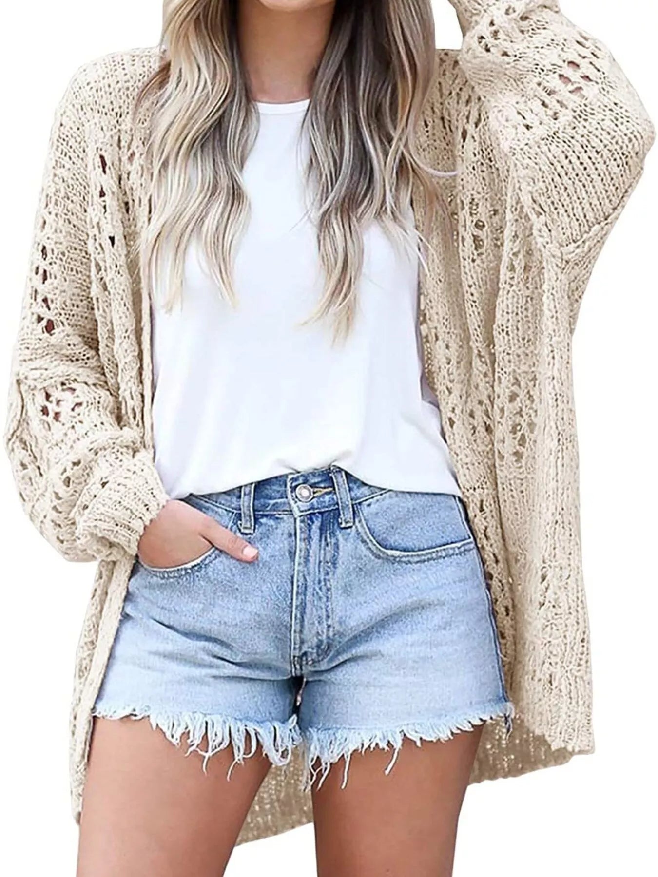 Full Size Openwork Open Front Lightweight Cardigan Plus Size - PBNJ FASHIONS