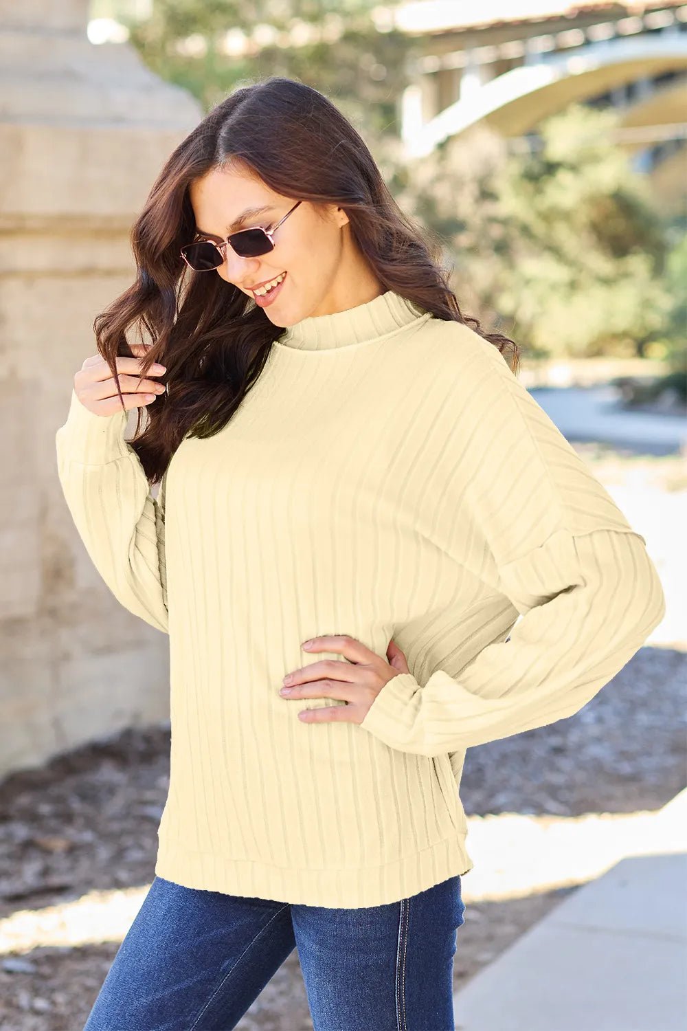 Basic Bae Full Size Ribbed Exposed Seam Mock Neck Knit Top - PBNJ FASHIONS