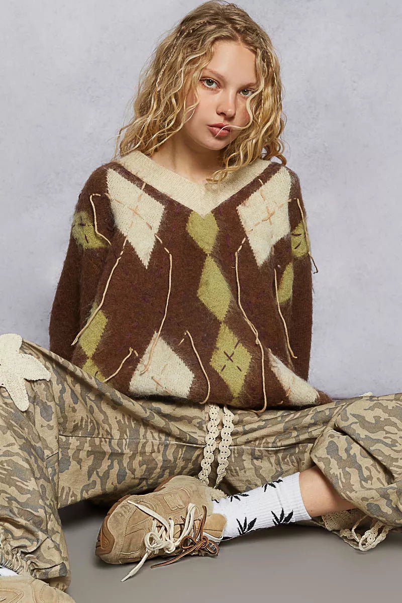 POL V - Neck Argyle Pattern Mohair Sweater with Contrast Exposed Stitch Detail - PBNJ FASHIONS