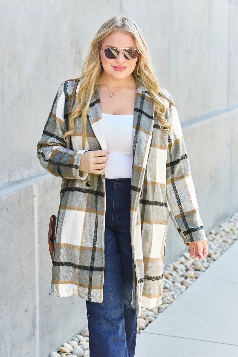 Double Take Full Size Plaid Button Up Lapel Collar Coat - PBNJ FASHIONS