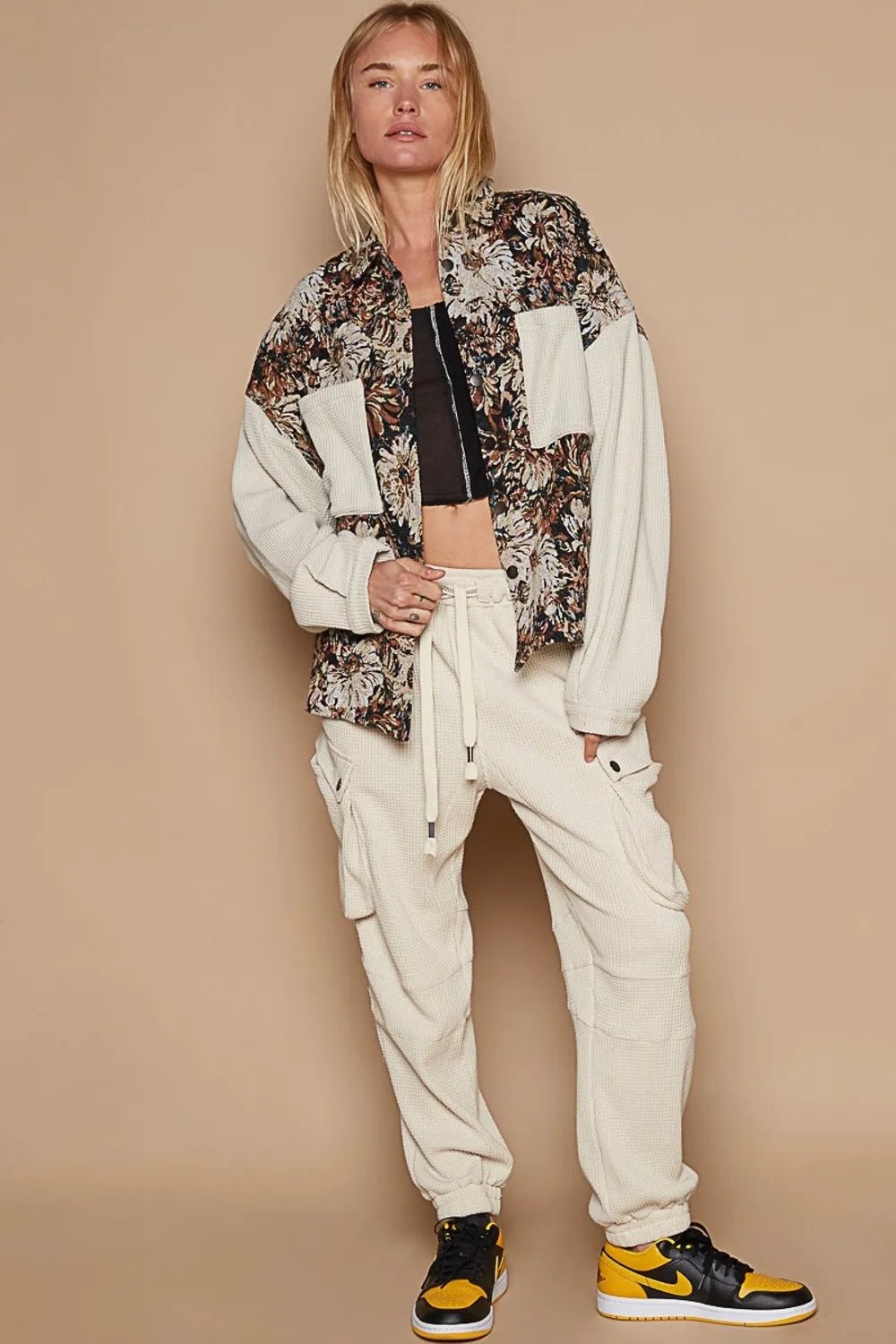 POL Contrast Sleeves Button Down Floral Jacquard Shirt - PBNJ FASHIONS