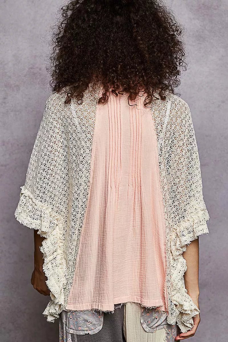 POL Button Down Front Pleated Shirt with Crochet Patch - PBNJ FASHIONS