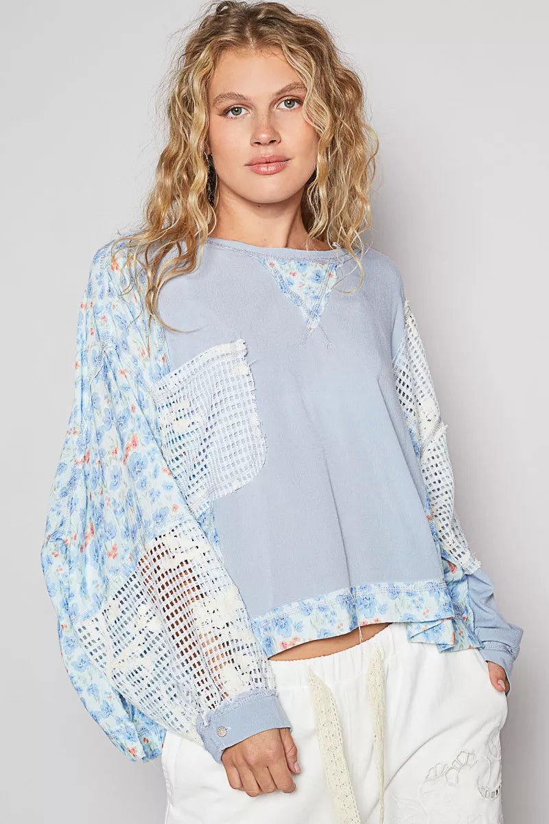 POL Round Neck Cropped Gauze Floral Pattern Top with Overlock Stitch Detail - PBNJ FASHIONS