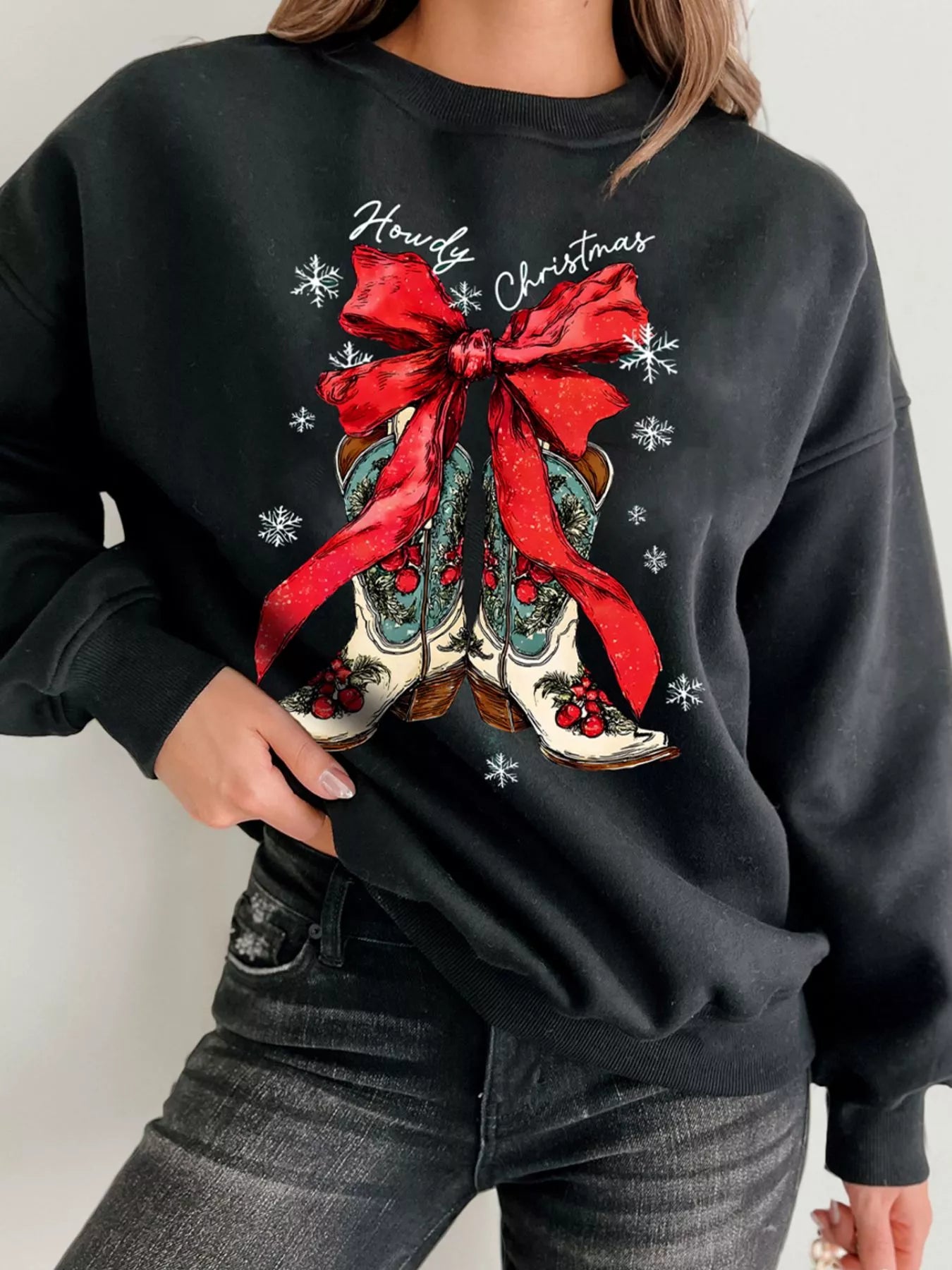 Howdy Christmas Ribbon Bow Knot Western Boots Graphic Sweatshirt - PBNJ FASHIONS