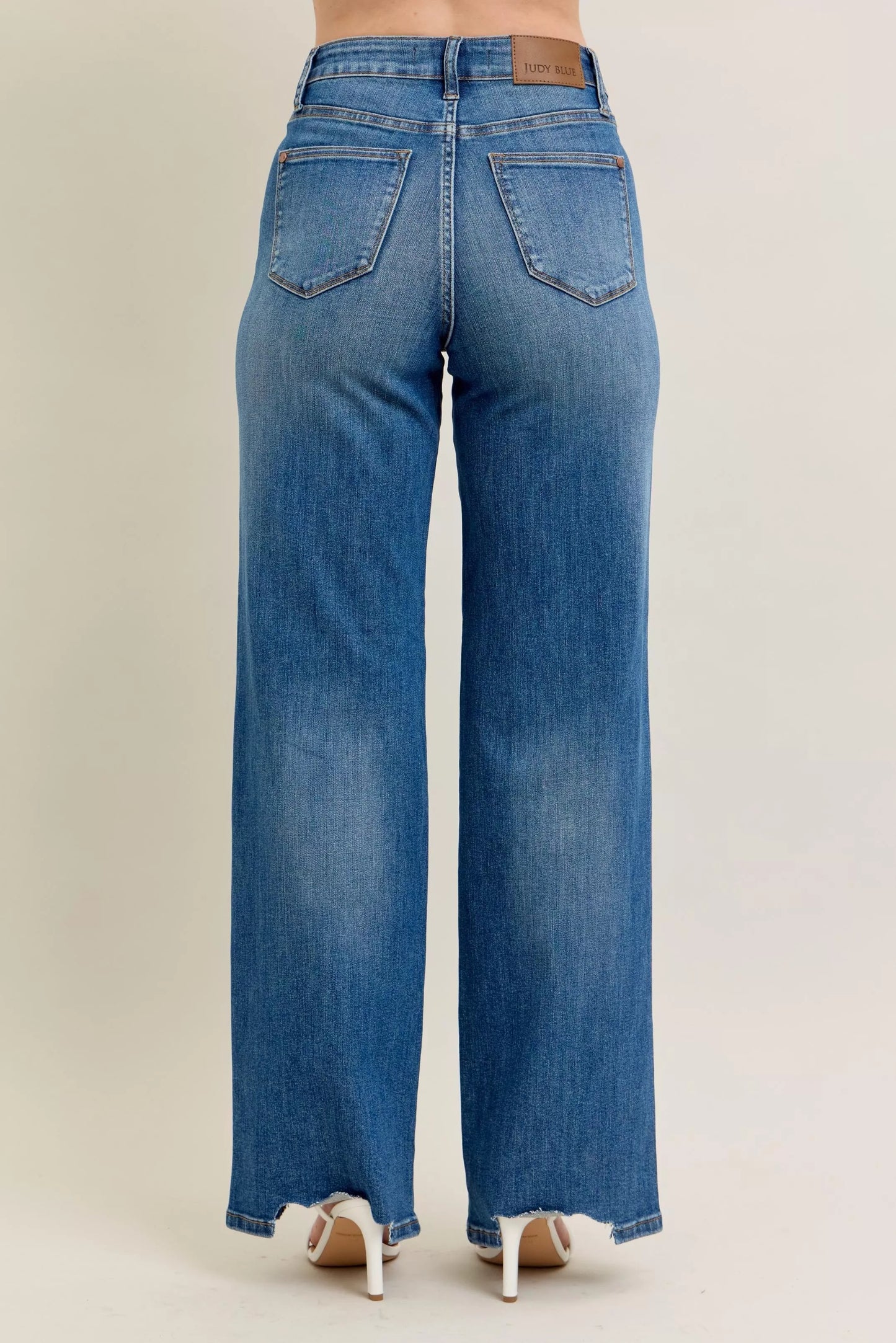 Judy Blue Full Size High Waist Tummy Control Chew Hem Destroy Wide Jeans Plus Size - PBNJ FASHIONS