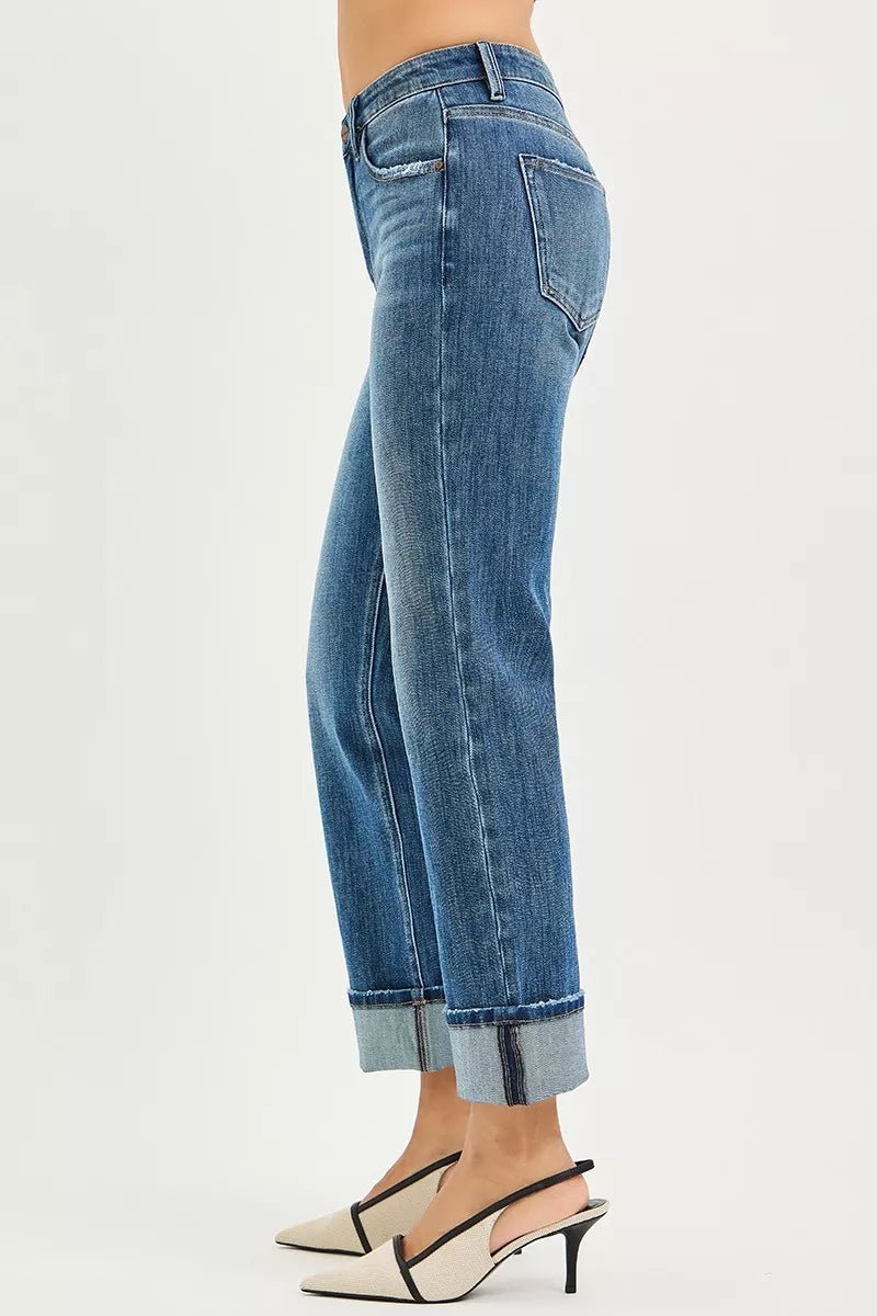 RISEN Full Size 4 Way Stretch Slouchy Straight Jeans with Cuffed Hem Plus Size - PBNJ FASHIONS