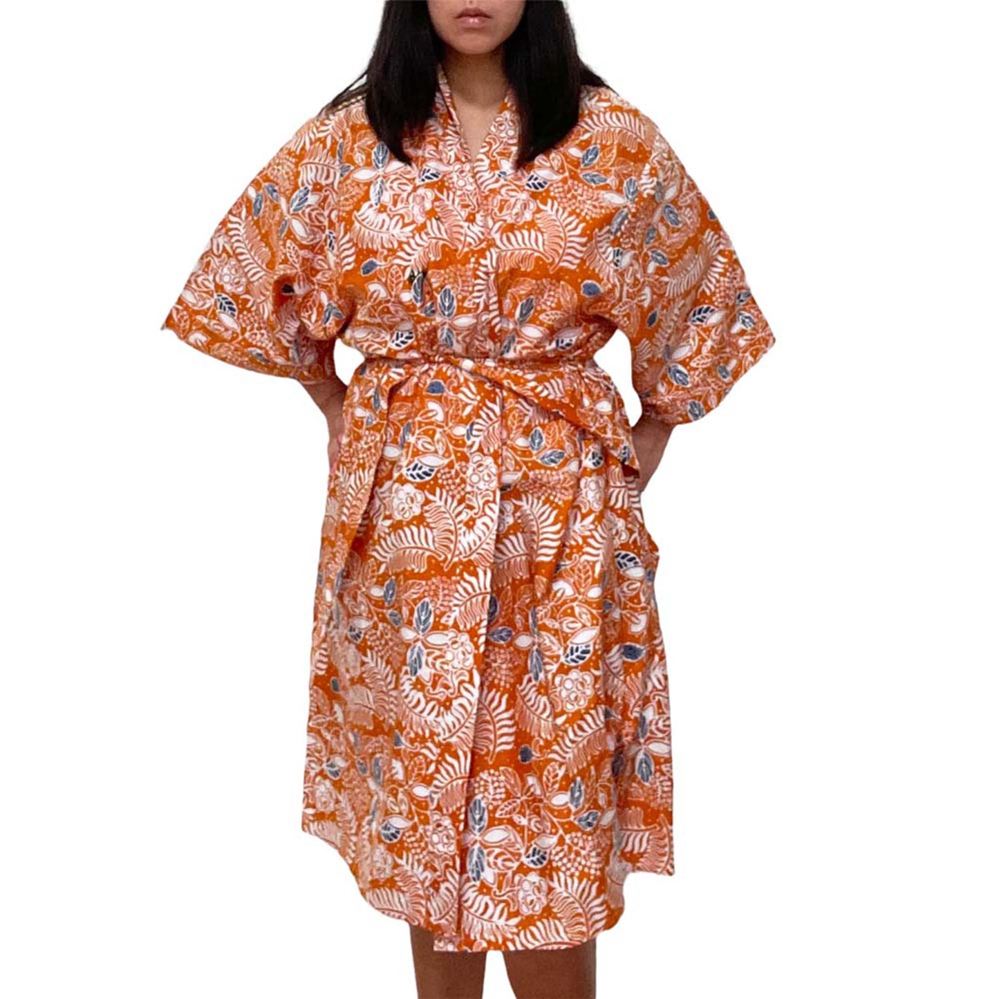 Handmade Batik Robe Kimono, Orange Carnelian, Hand Dyed, 100% Cotton, Clementine