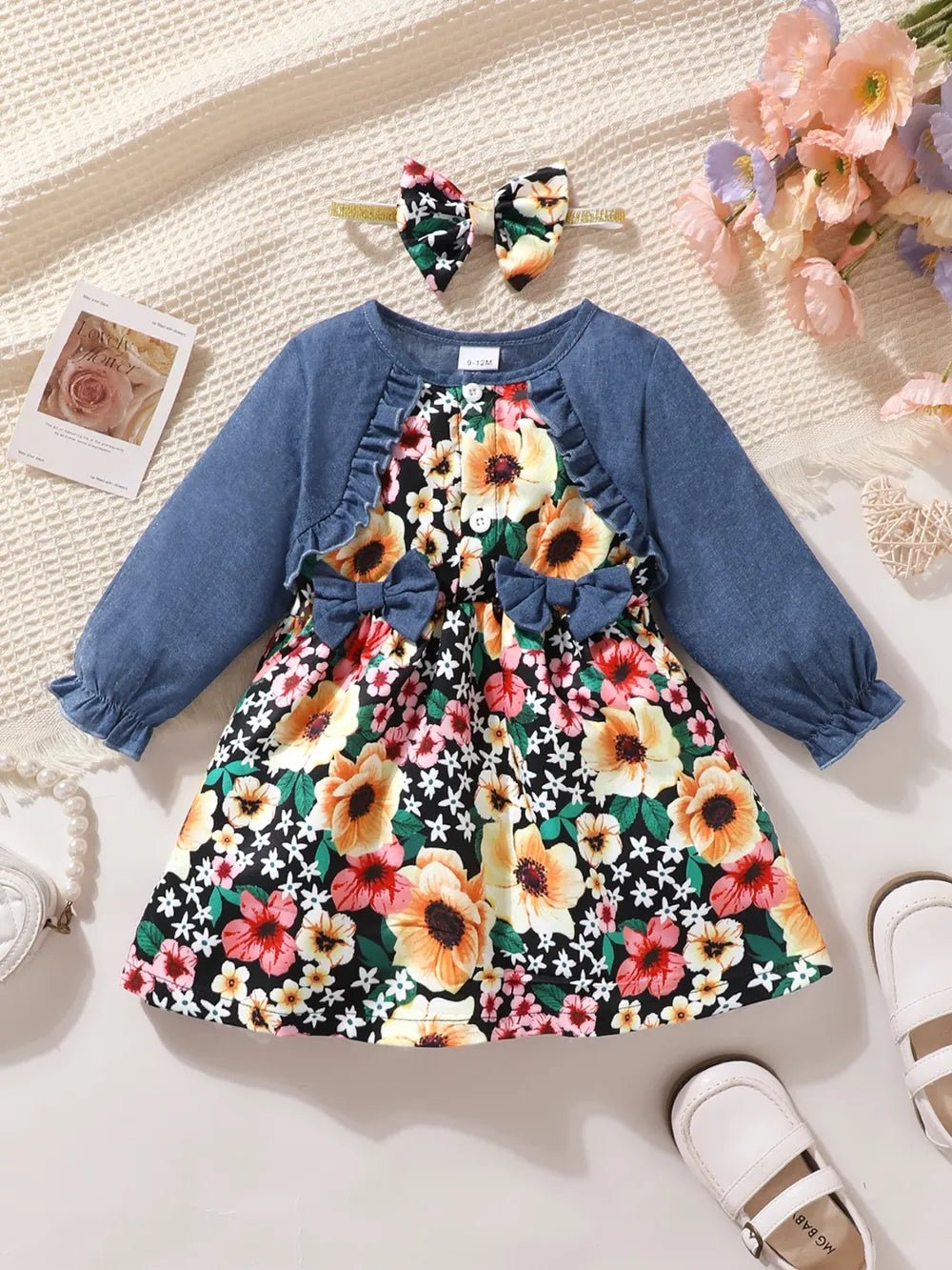 Children's Ruffled Bow Contrast Floral Dress with Headband - PBNJ FASHIONS