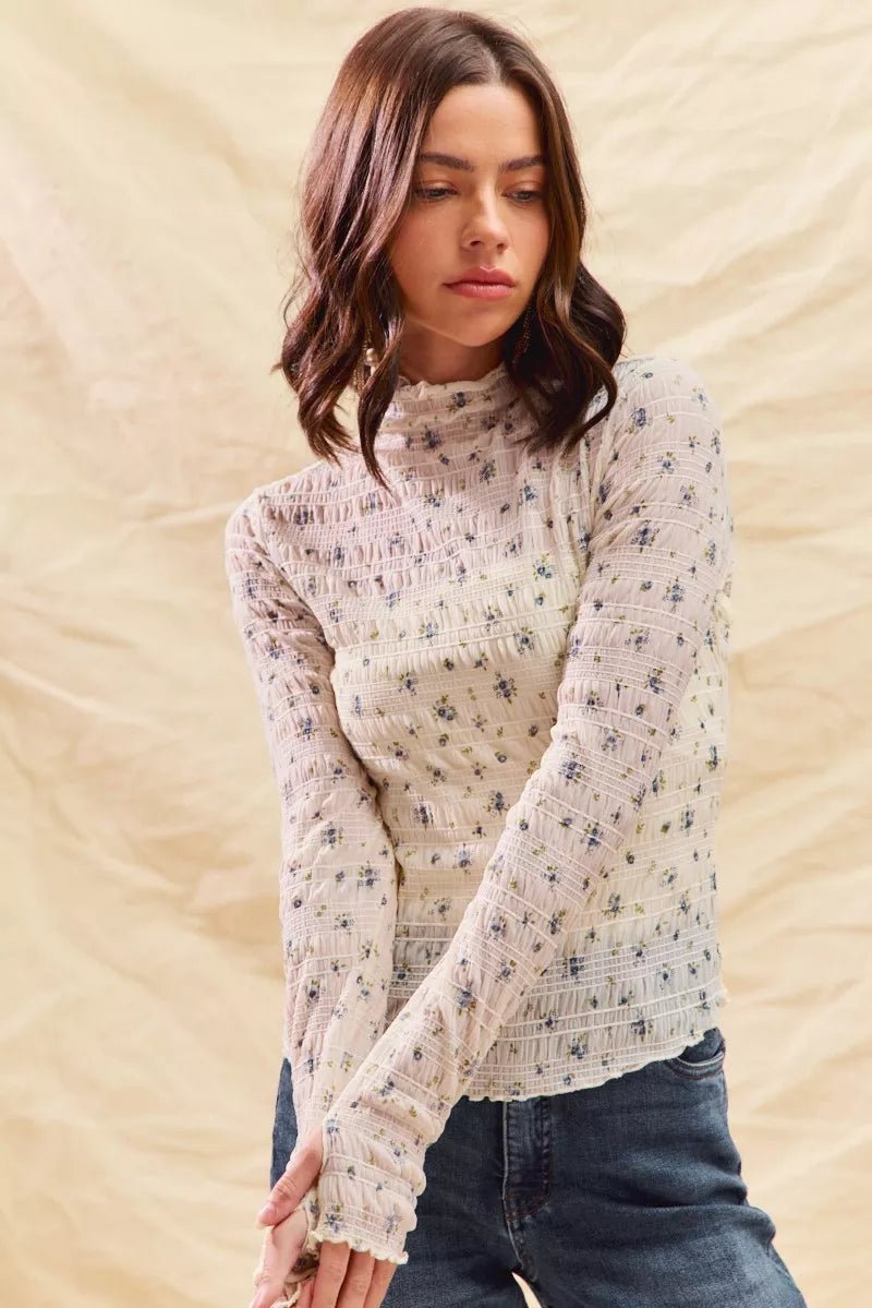 SO ME Floral Print Textured Long Sleeve Knit Top - PBNJ FASHIONS
