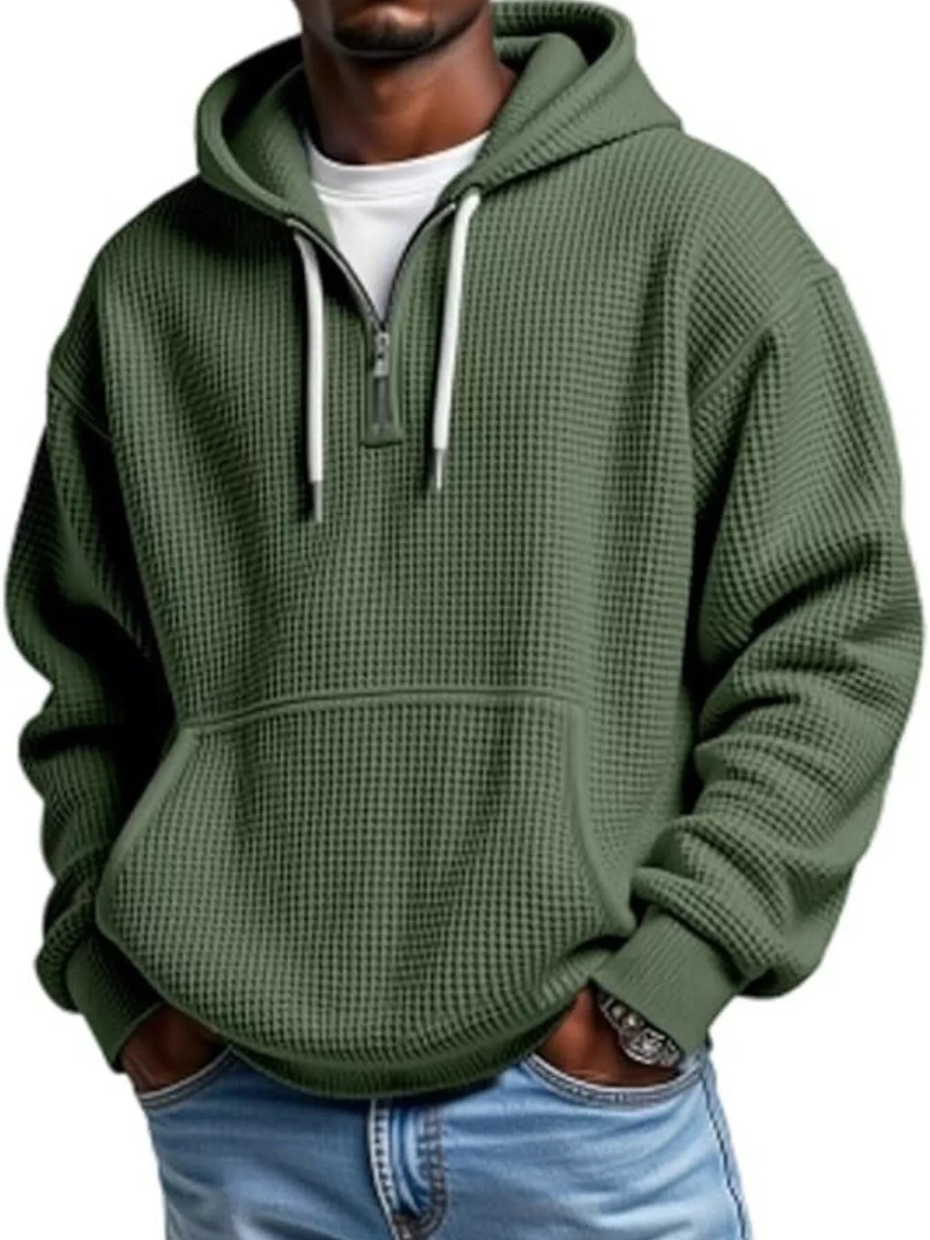 Men's Full Size Waffle Knit Quarter Zip Hoodie Plus Size - PBNJ FASHIONS