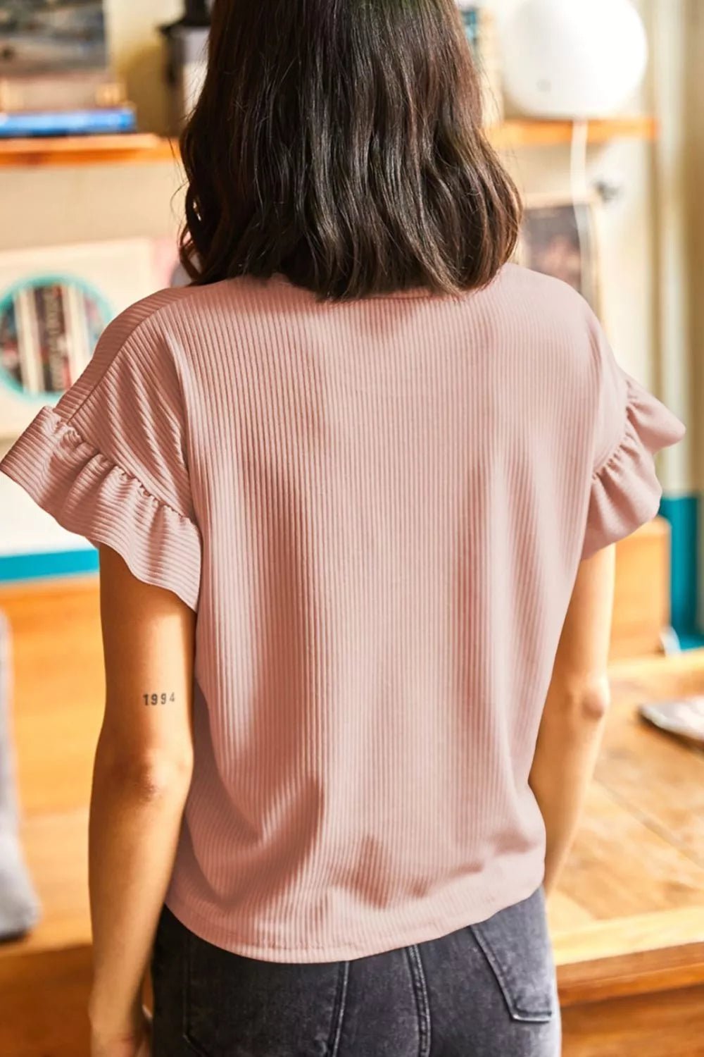 Solid Color Ribbed Ruffled Short Sleeve T Shirt - PBNJ FASHIONS
