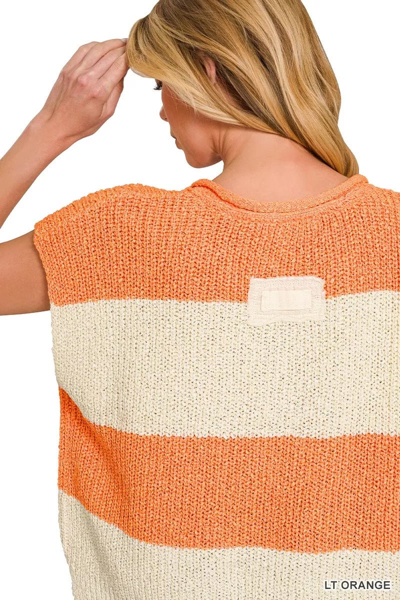 Sleeveless Striped Sweater with Split Neck Detail - Versatile & Stylish for any Occasion - LT ORANGES