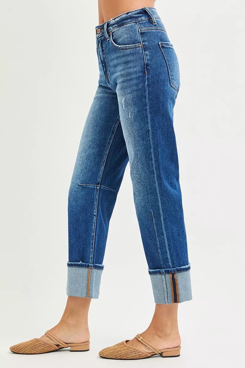 RISEN High Rise Straight Jeans with Distressed Hem - PBNJ FASHIONS