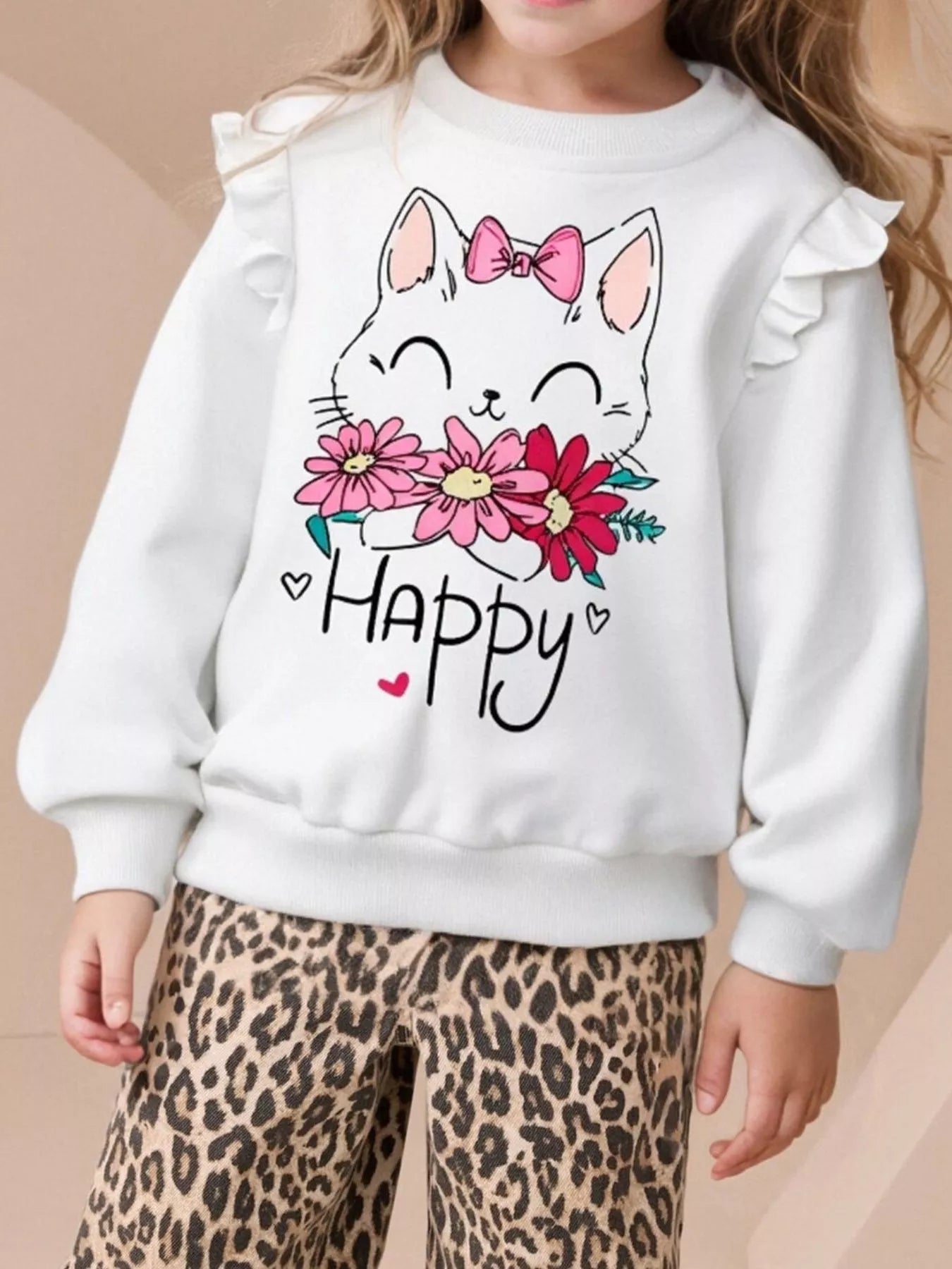 Children's Cat Graphic Ruffle Sleeve Sweatshirt - PBNJ FASHIONS