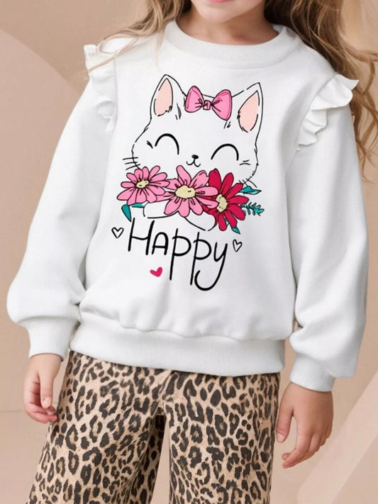 Children's Cat Graphic Ruffle Sleeve Sweatshirt - PBNJ FASHIONS