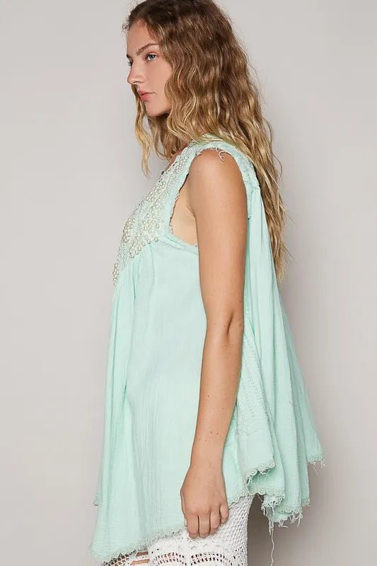 POL Embroidered Pearls Open Front Sleeveless Cardigan - PBNJ FASHIONS