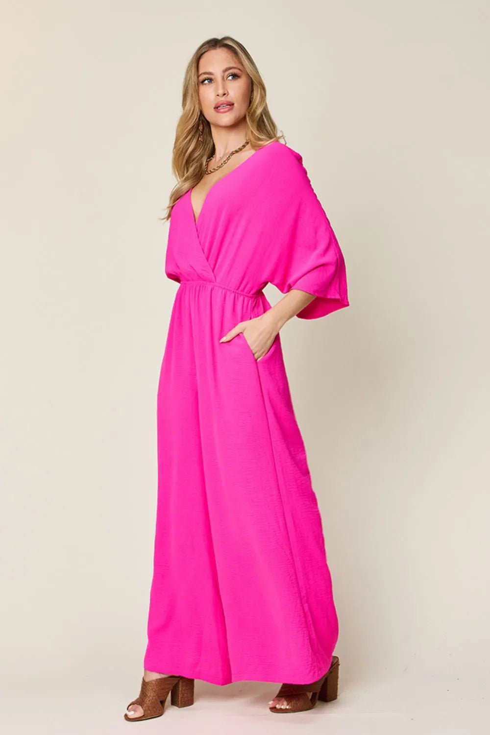 Double Take Full Size Surplice Wide Leg Jumpsuit with Pockets - PBNJ FASHIONS