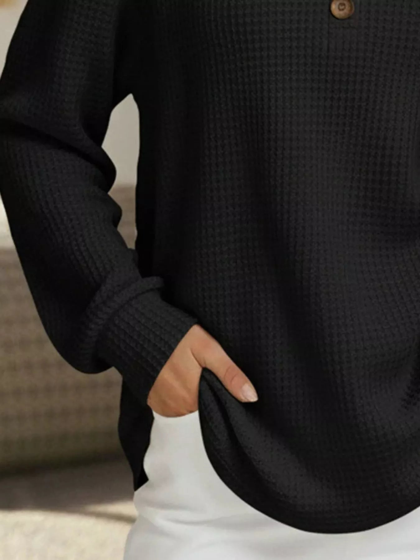 Full Size Casual Waffle Knit Long Sleeve T-Shirt Plus Size - PBNJ FASHIONS