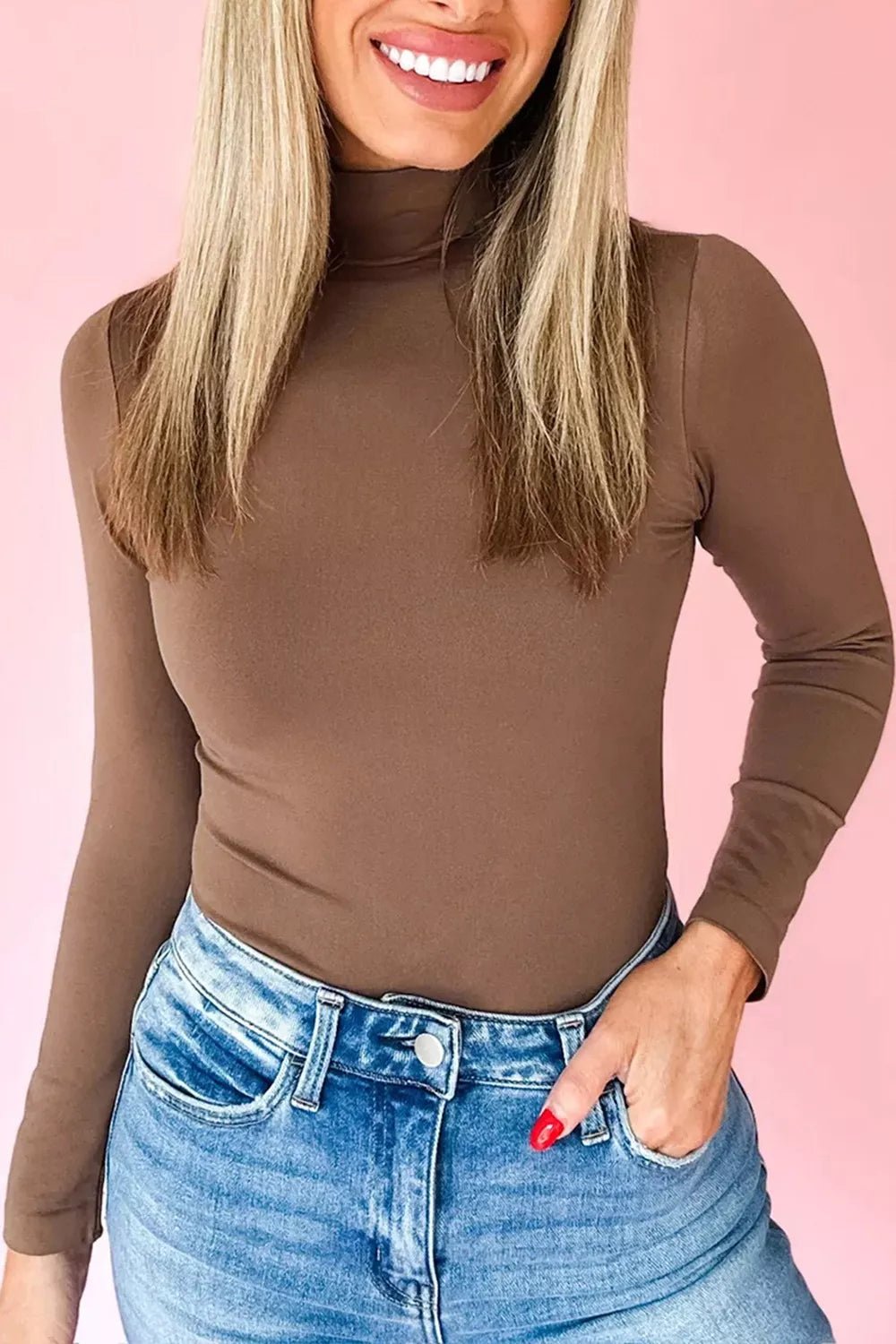 Slim Fit High Neck Long Sleeve Basic Top - PBNJ FASHIONS