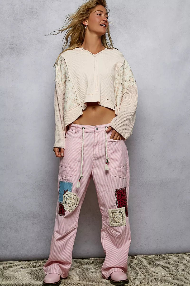 POL Mix Thermal Floral Pattern Quilted Knit Cropped Top with Raw Edge Detail - PBNJ FASHIONS
