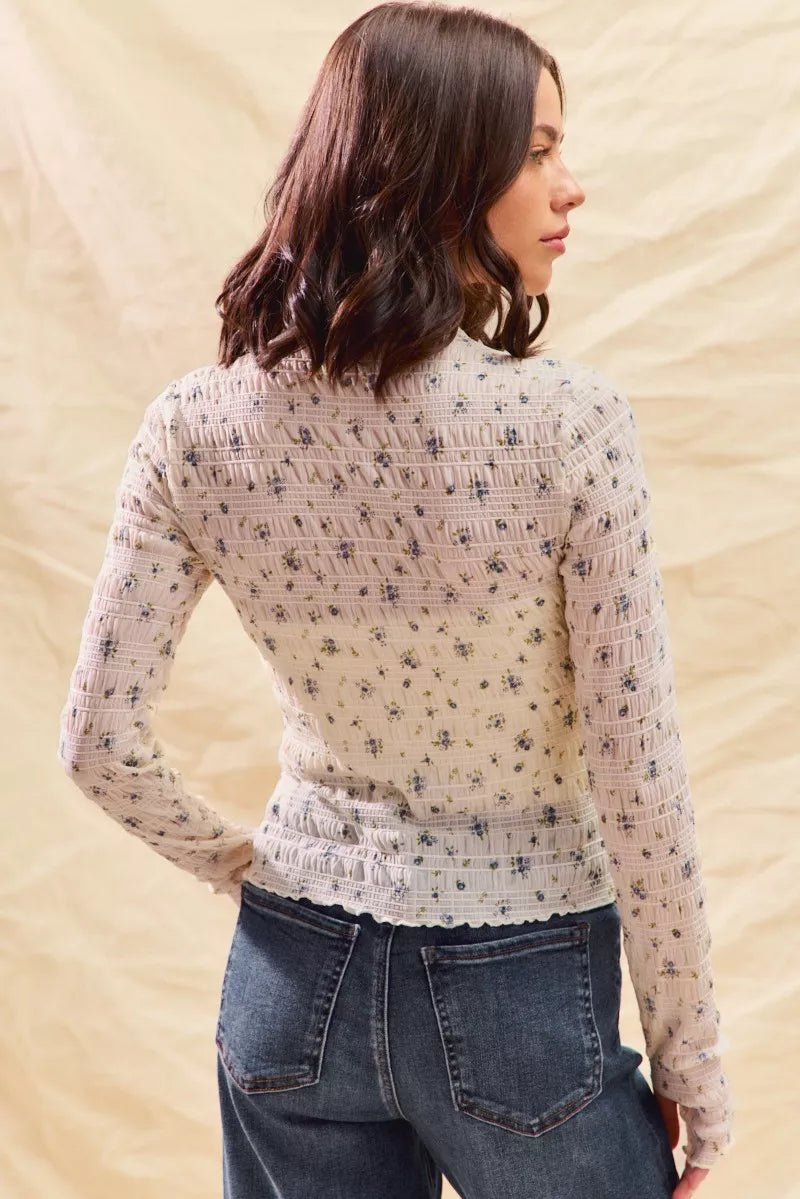 SO ME Floral Print Textured Long Sleeve Knit Top - PBNJ FASHIONS