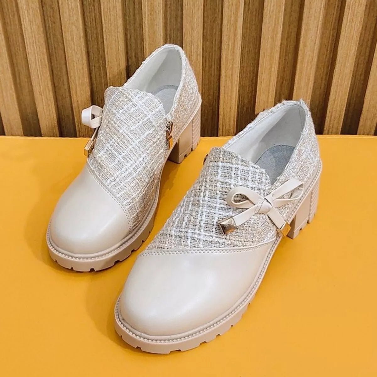 Round Toe Block Heel Boots - Mid Heels, PU Leather & Fluff Material - Size 36-42 (US5-US10.5) - Beige