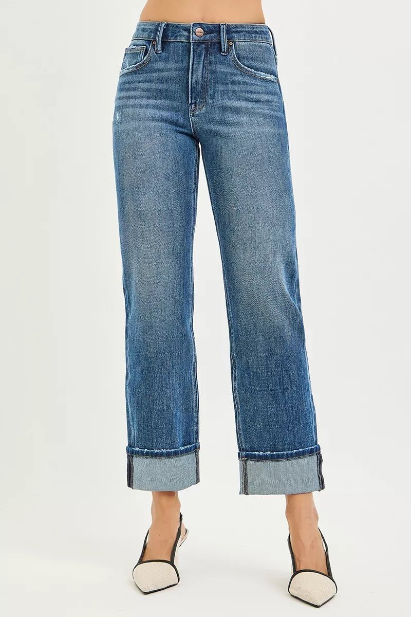 RISEN Full Size 4 Way Stretch Slouchy Straight Jeans with Cuffed Hem Plus Size - PBNJ FASHIONS
