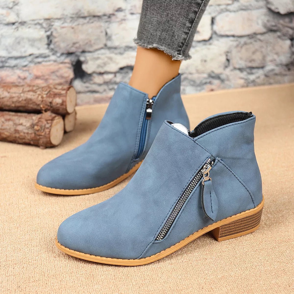 Chic Zip-Up Ankle Boots: Comfortable and Stylish with Block Heels for Effortless Fashion Statements - Blue-36