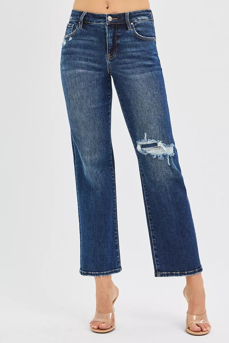RISEN High Rise Crop Slim Straight Jenas with Hidden Knee Patch - PBNJ FASHIONS