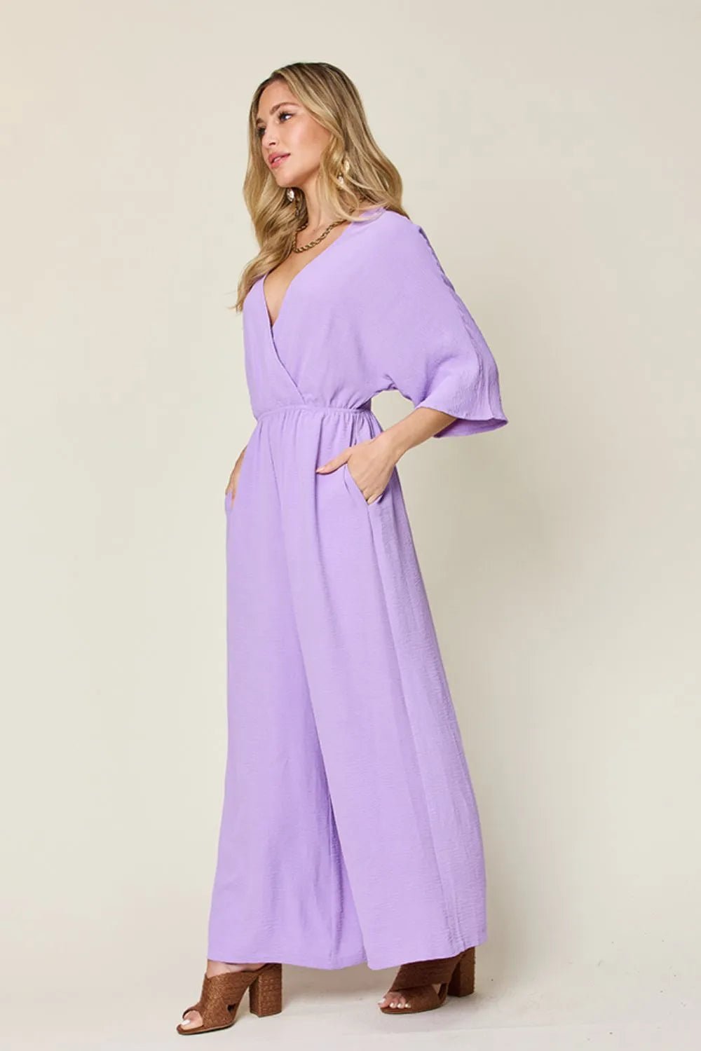 Double Take Full Size Surplice Wide Leg Jumpsuit with Pockets - PBNJ FASHIONS