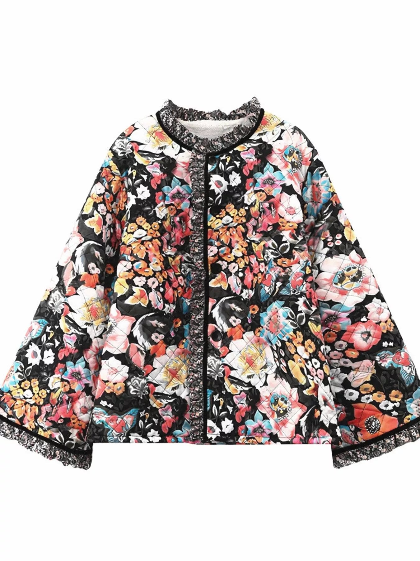 Full Size Floral Print Quilted Sherpa - Lined Jacket Plus Size - PBNJ FASHIONS