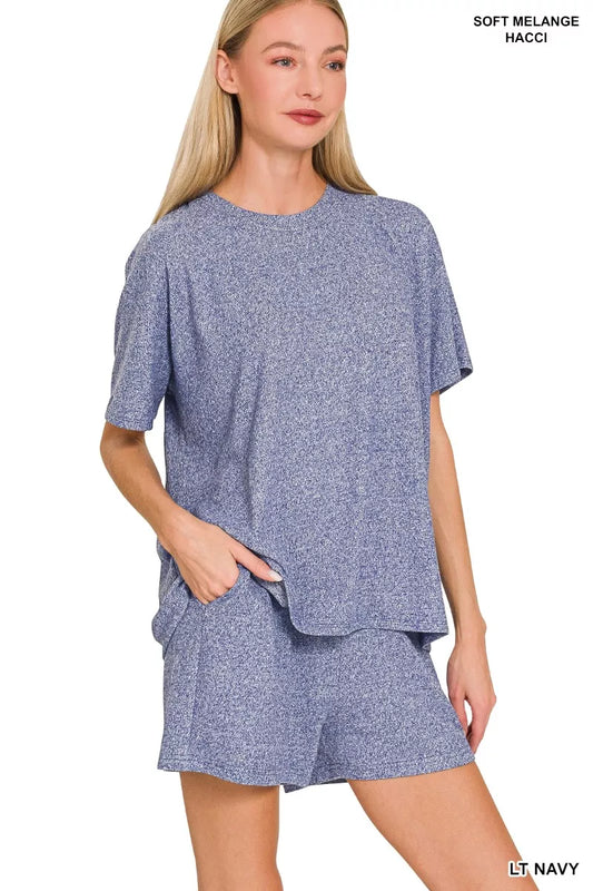 Zenana Soft Melange Short Sleeve Tee and Shorts Set - PBNJ FASHIONS