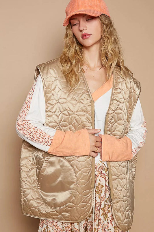 POL Front Zipper Floral Pattern Quilted Vest Coat with Front Pockets - PBNJ FASHIONS