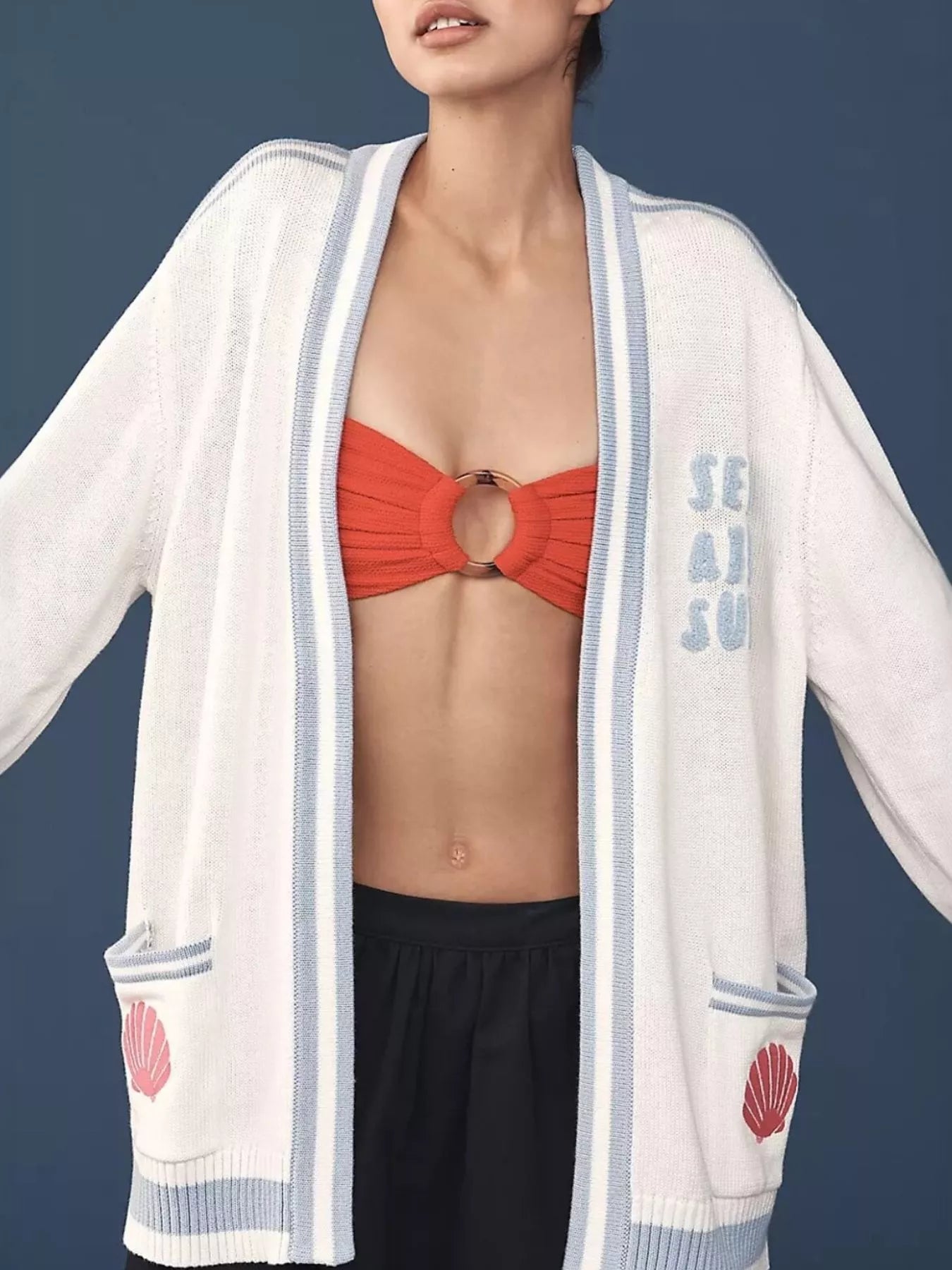 Seashell Open Front Cardigan with Embroidery - Gray/white-S- - PBNJ FASHIONS
