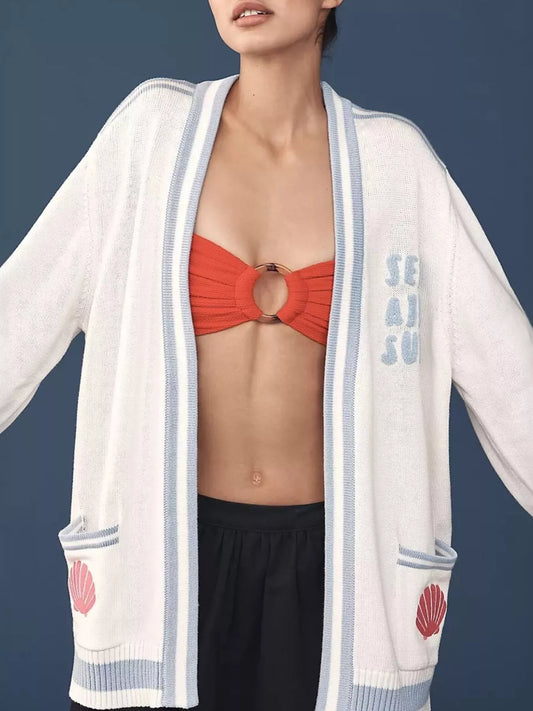 Seashell Open Front Cardigan with Embroidery - Gray/white-S- - PBNJ FASHIONS