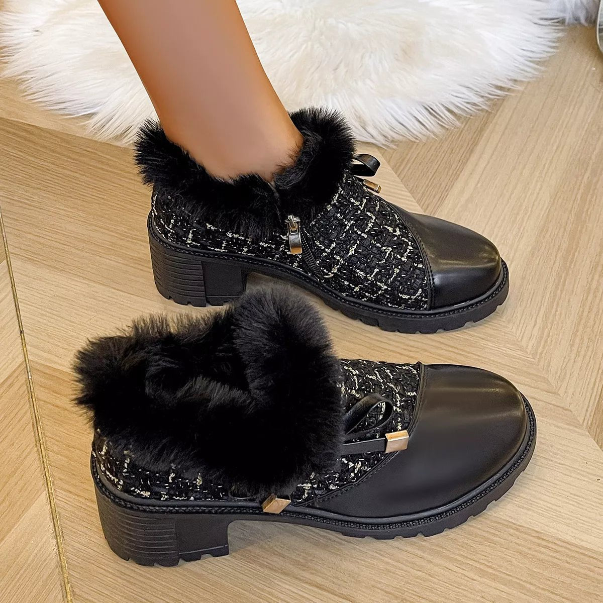 Round Toe Block Heel Boots - Mid Heels, PU Leather & Fluff Material - Size 36-42 (US5-US10.5) - Black Hairy Mouth