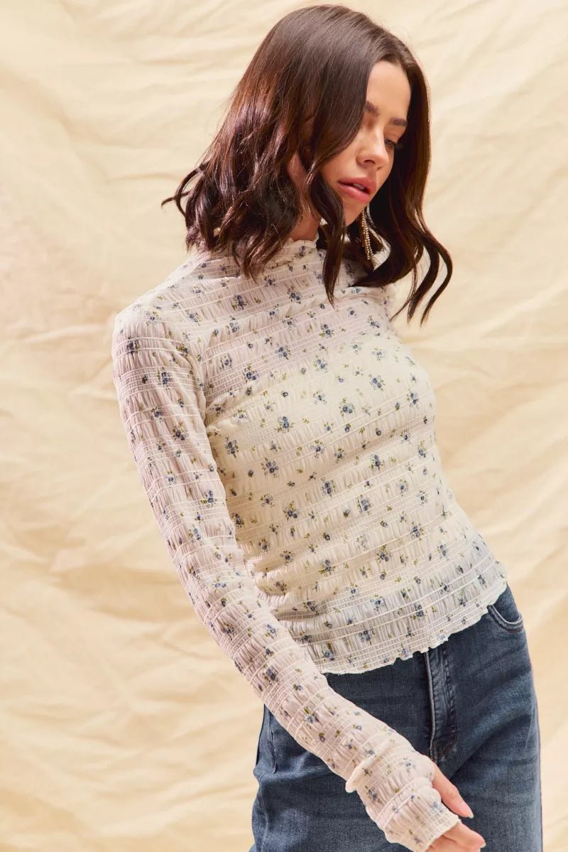 SO ME Floral Print Textured Long Sleeve Knit Top - PBNJ FASHIONS