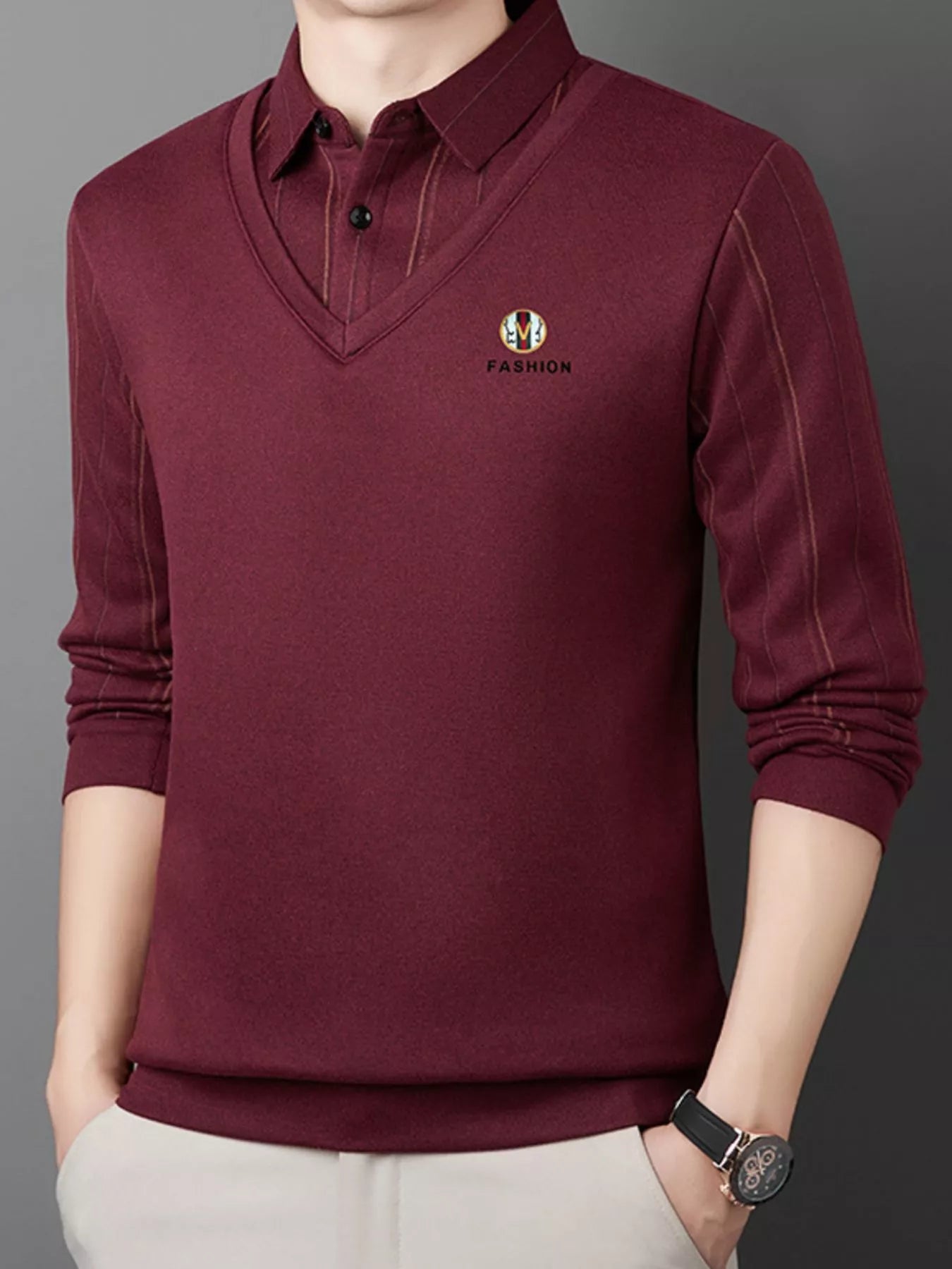 Men's Plus Size Layered Style Long Sleeve Polo - PBNJ FASHIONS