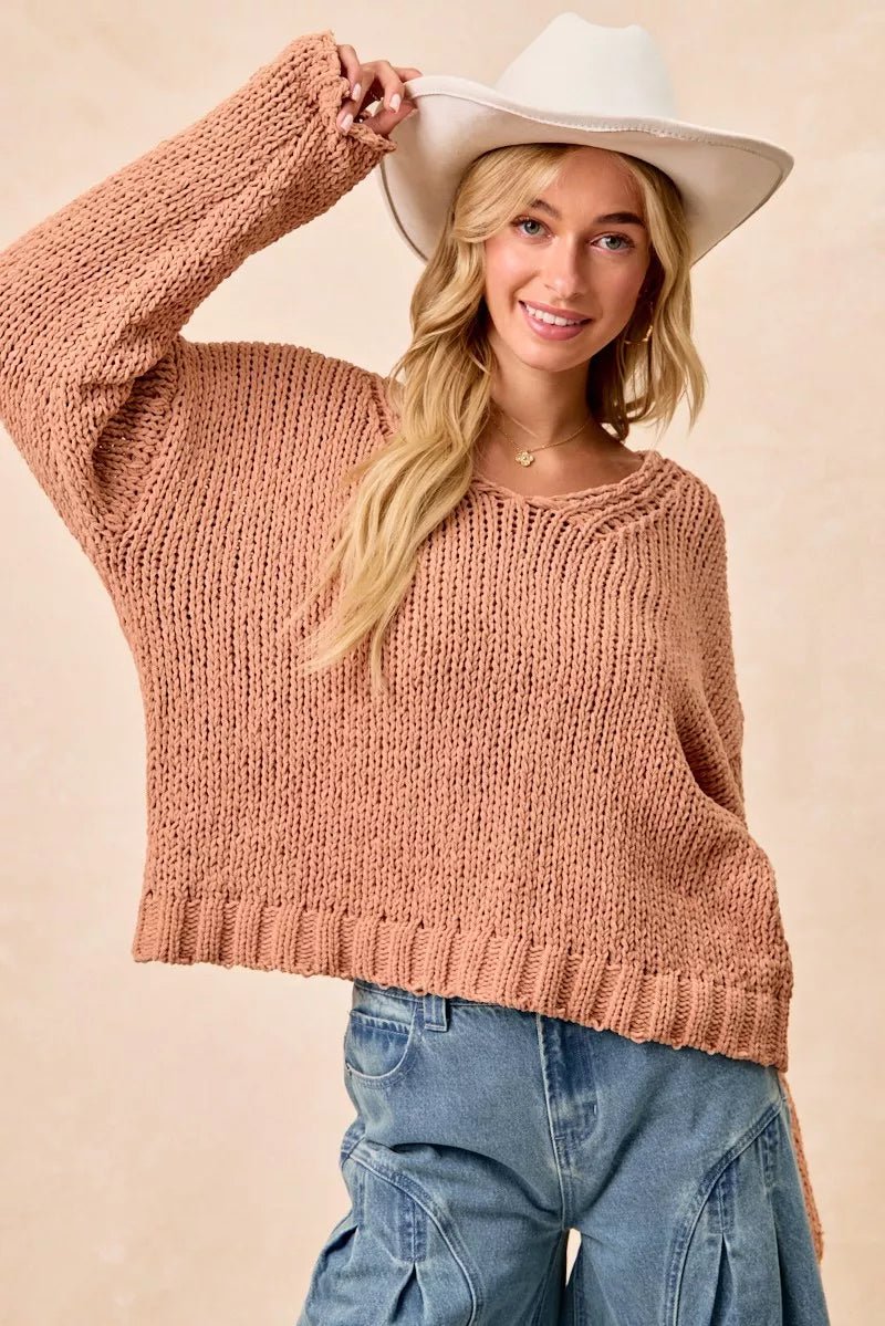 BiBi Chunky Knit Sweater with Flower Detail Sleeves - PBNJ FASHIONS