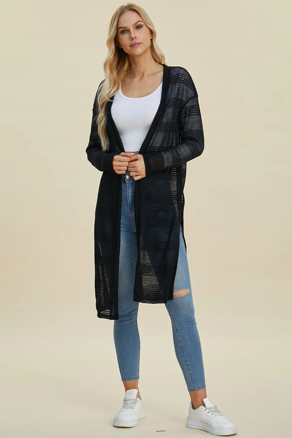 Double Take Full Size Open Front Longline Cardigan - PBNJ FASHIONS