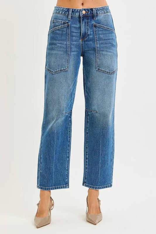 RISEN 4 Way Stretch Mid Rise Barrel Jeans with Patch Pocket Detail - PBNJ FASHIONS