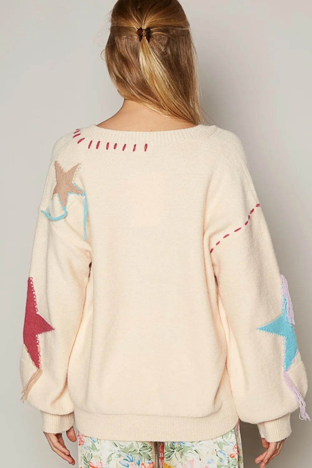 POL V - Neck Long Sleeve Star Fringe Sweater - PBNJ FASHIONS