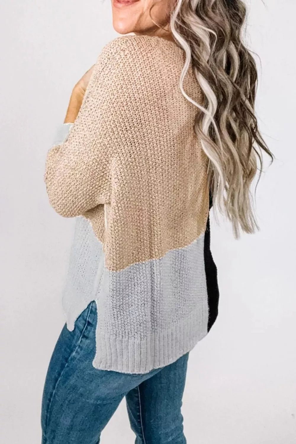Color Block Knit V Neck Loose Sweater - PBNJ FASHIONS