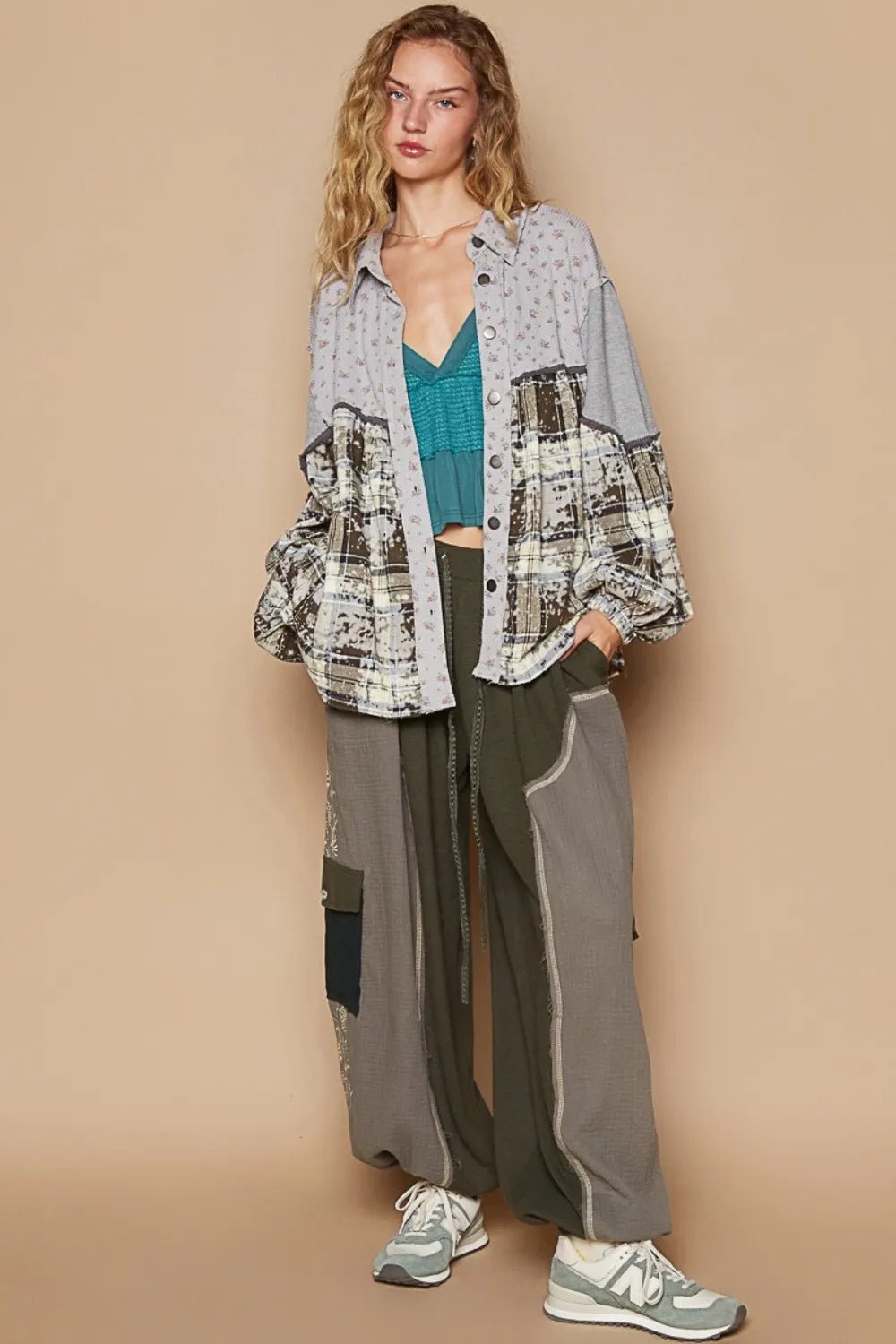POL Balloon Sleeve Floral Color Block Plaid Shirt - PBNJ FASHIONS