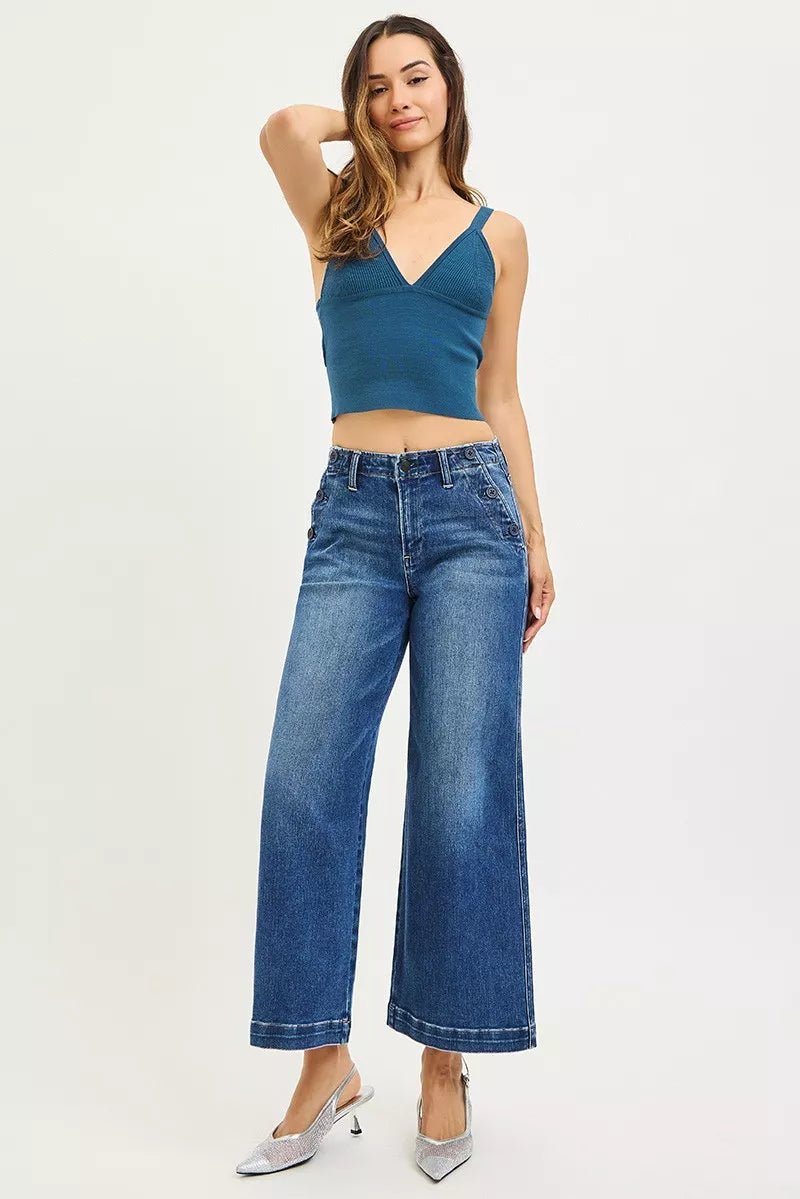 RISEN High Rise Wide Leg Jeans With Pocket Button Detail - PBNJ FASHIONS