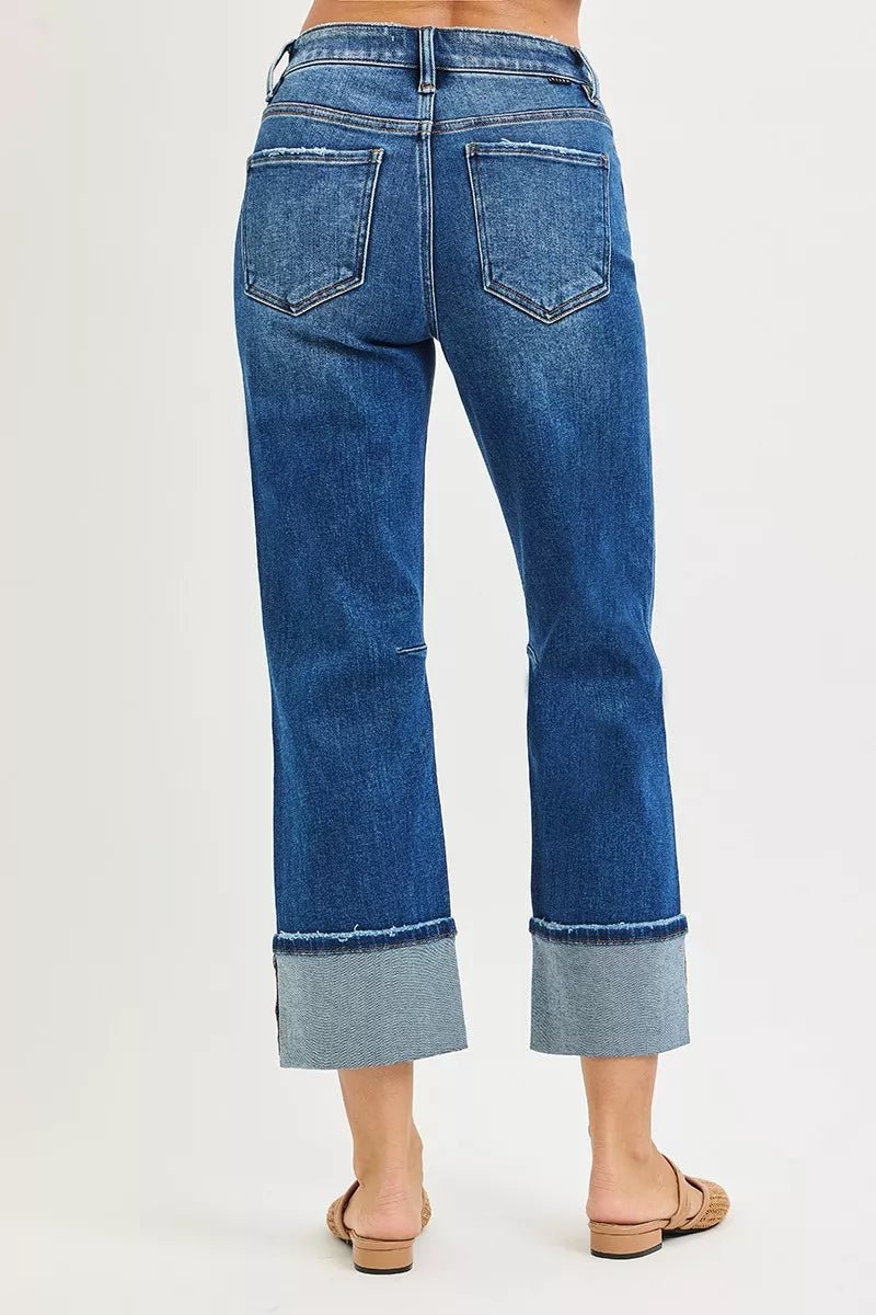RISEN High Rise Straight Jeans with Distressed Hem - PBNJ FASHIONS