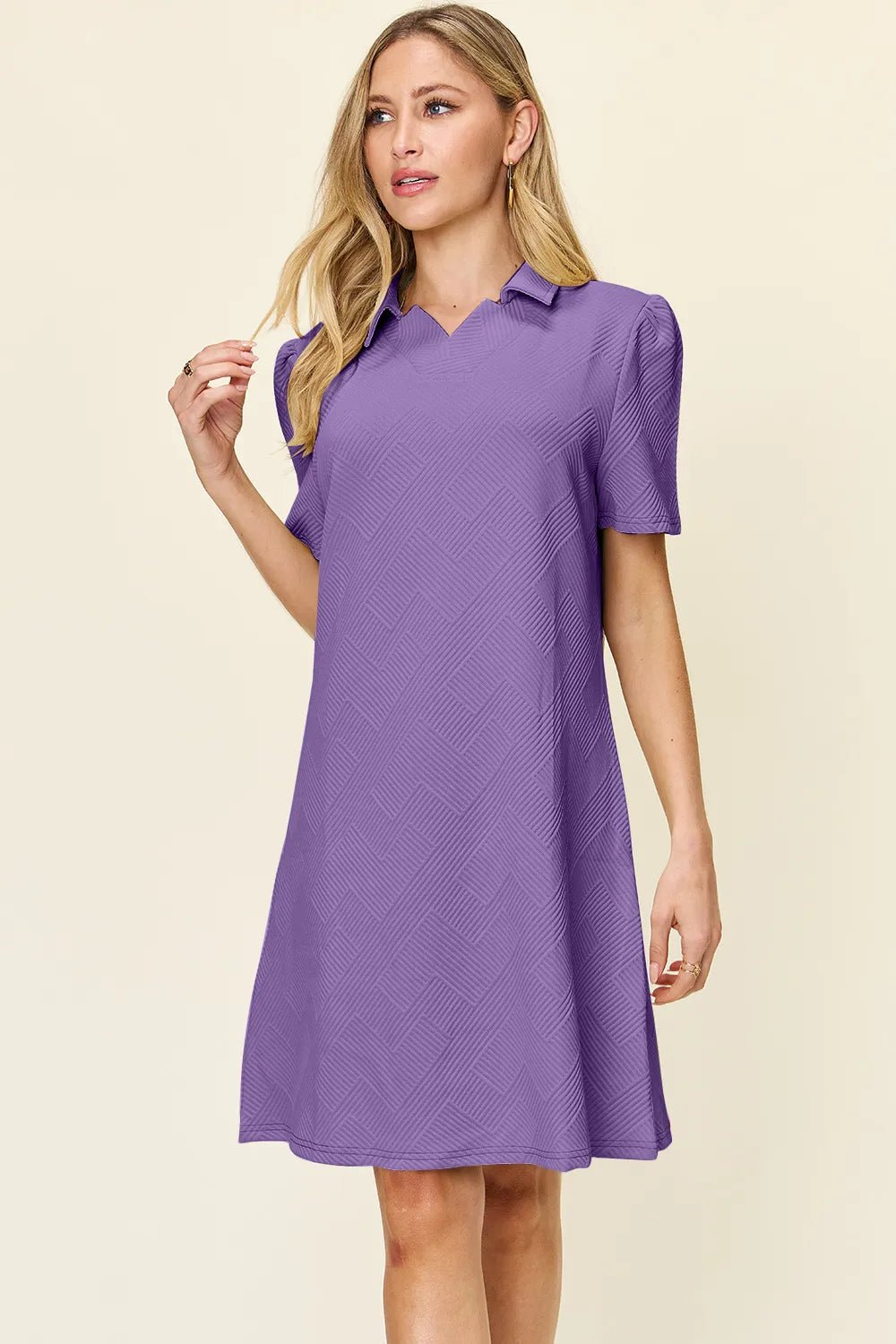 Double Take Full Size Texture Collared Neck Short Sleeve Dress - PBNJ FASHIONS
