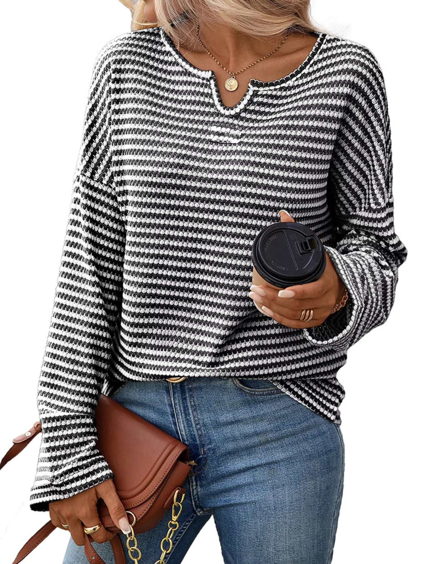 Striped Notched Long Sleeve T-Shirt - PBNJ FASHIONS